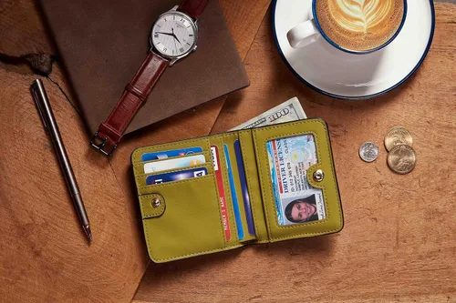 Vista 6 de Gostwo - Cartera compacta de piel genuina de lujo para mujer con bloqueo de RFID y ventana de identificación