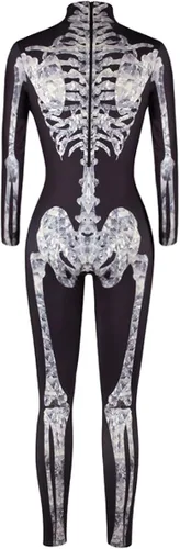 Vista 4 de Fixmatti Disfraz de fiesta de Halloween para mujer, traje de manga larga con estampado de calavera