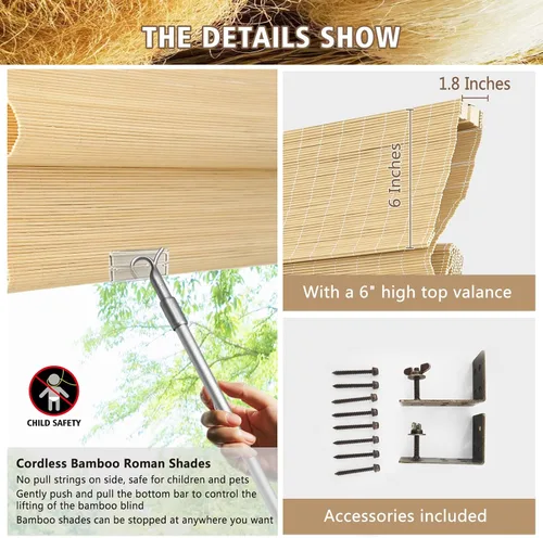 Vista 4 de Persianas romanas de bambú, persianas opacas personalizadas con forro, persianas naturales 100% bambú para ventanas, patrón 2501