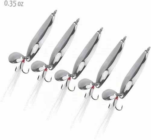 Vista 8 de Kit de pesca de señuelos de cucharas de 5 piezas, cebos giratorios de metal con ganchos agudos para lubina salmón