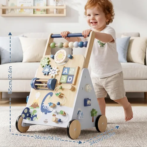 Vista 6 de Lehoo Castle Dinosaur Wooden Baby Walker, Adjustable Speed Baby Push Walker Blue