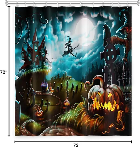 Vista 7 de Cortina de ducha de Halloween, cortinas de ducha de calabaza aterradora para baño, casa cazada de brujas, cortina de baño, cortina de baño