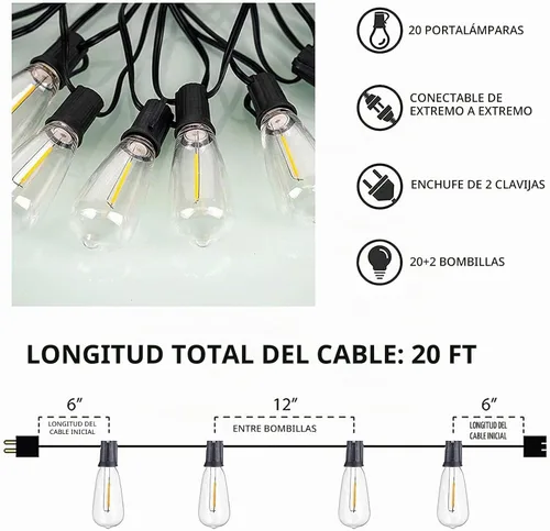 Vista 5 de Afirst Tira de luces para exteriores de 20 pies con 22 bombillas LED (2 de repuesto), impermeables, conectables, luces de patio para iluminación
