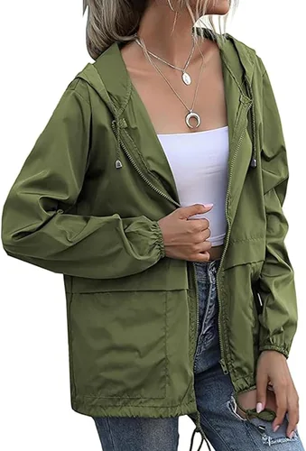 Vista 2 de Chaqueta impermeable ligera para mujer, rompevientos con capucha y bolsillos para exteriores Impermeable verde militar