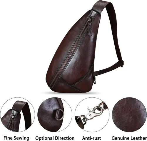 Vista 6 de Bolso de cuero genuino para mujeres y hombres, mochila de cuero vintage, bolso cruzado de hombro, Café