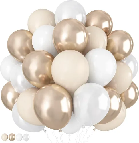 Vista 14 de Globos negros, blancos y dorados, 50 globos de látex de helio de 12 pulgadas, color negro, blanco, crema, beige, dorado metálico, para mujeres