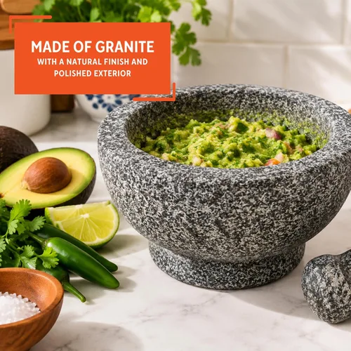 Vista 3 de IMUSA Molcajete de granito pulido tradicional resistente de 8.5 pulgadas para guacamole fresco, salsa, pesto, hierbas, especias