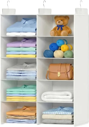 Vista 8 de ALLTIDYUP Organizador de Armario Colgante de 5 Estantes – Organizador de Ropa Plegable de Doble Fila con 3 Ganchos, Organizador de Armario