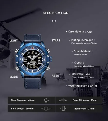 Vista 4 de NAVIFORCE Reloj deportivo digital para hombre de cuero cuarzo impermeable militar cronógrafo despertador relojes de pulsera