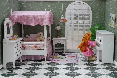 Vista 5 de iLAND - Juego de muebles de dormitorio para casa de muñecas, cama mini de madera para muñecas, muebles en miniatura con accesorios a escala 1:12