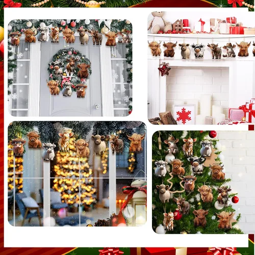 Vista 5 de Wenqik 36 piezas de decoración de madera de vaca de las tierras altas del oeste, juego de adornos de Navidad con bonitos recortes de ganado