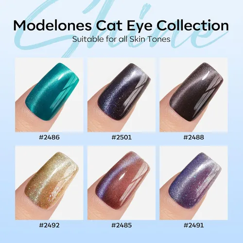 Vista 4 de modelones - Juego de 6 esmaltes en gel con efecto de ojo de gato cristalino, holográfico 9D, brillantina, negro, azul, morado, verde, con imán