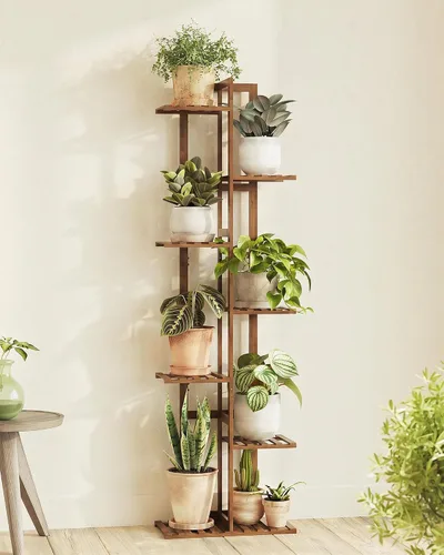 Vista 11 de Bamworld Soporte de bambú para plantas de interior con 6 niveles, estante de plantas de exterior, soporte de esquina para múltiples plantas, soporte