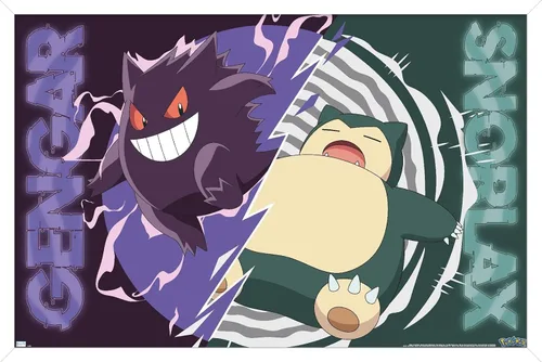 Vista 13 de Trends International Pokémon - Póster de pared de batalla de Gengar Snorlax, 22.4 pulgadas de largo x 14.7 pulgadas, versión enmarcada de madera