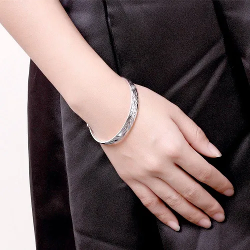 Vista 7 de Yuren Pulsera de plata de ley 925 tallada con flor de fu, 0.62 oz, peso 2.6 in, para regalo de boda