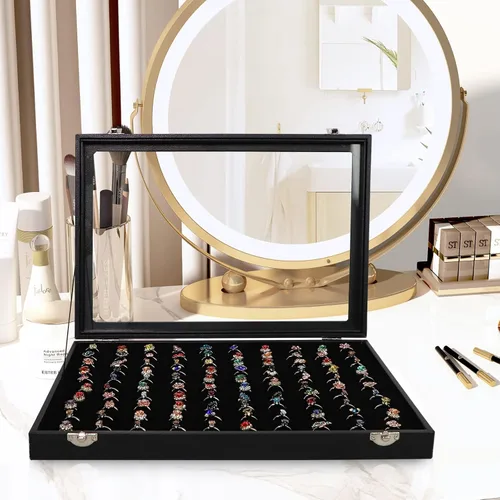 Vista 2 de Wuligirl - Bandeja organizadora de anillos con 100 ranuras y tapa transparente, organizador apilable de joyas como aretes, collares y anillos