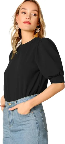 Vista 3 de SheIn Blusa de mujer con mangas de puff Casual Solid Top Pullover Keyhole Back