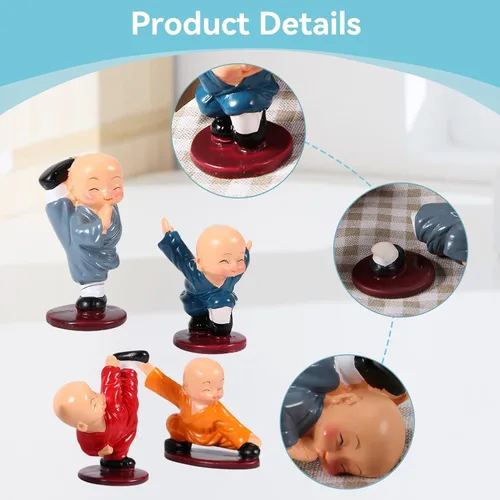 Vista 2 de HERCHR 4 piezas de estatua de monje pequeña, pequeña figura de monje Kung Fu, monje en miniatura, lindos monjes, mini estatua de resina