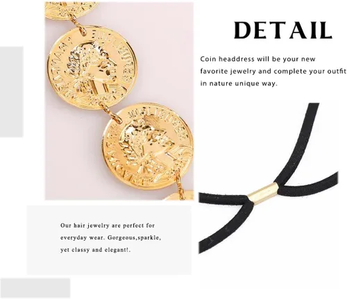 Vista 6 de Yalice Cabeza de moneda dorada, diadema elástica, diadema india, accesorios para el cabello de la frente de los años 20 para mujer