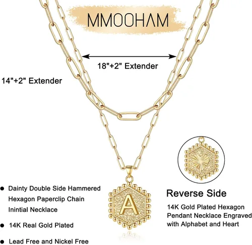 Vista 6 de M MOOHAM - Delicado collar de oro para mujer, de 14 quilates, en capas, lindos collares con letra hexagonal con inicial para mujer, regalos