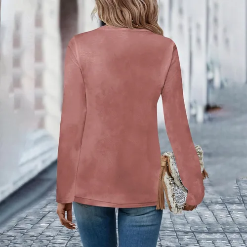 Vista 3 de Womens Long Sleeve T-Shirts V-Neck Botton Sweatshirt Solid Vintage Shirt Oversized Casual Top Comfy Cute Blouse