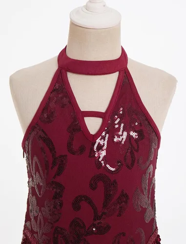 Vista 6 de IBAKOM Body de lentejuelas brillantes con flecos y cuello halter en V, leotardo de gimnasia para niños, espalda abierta, jazz latino, hip hop