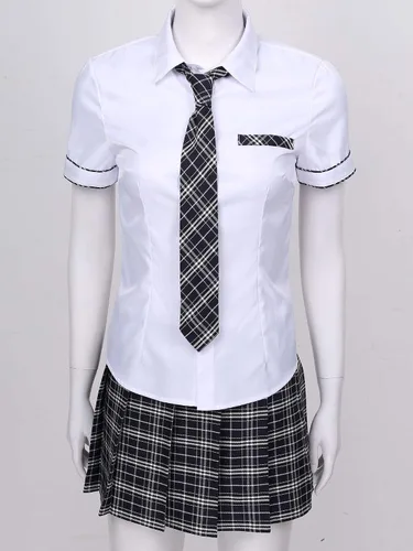 Vista 4 de FEESHOW Conjunto de uniforme para mujer, disfraz de cosplay con falda a cuadros