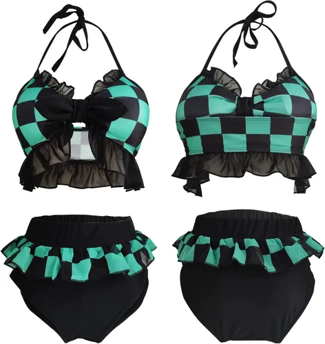 Vista 2 de Juego de tres piezas de traje de baño de Kochou Shinobu Halter con corbata, Demon Slayer para cosplay y cosplay de Kochou Shinobu para Halloween