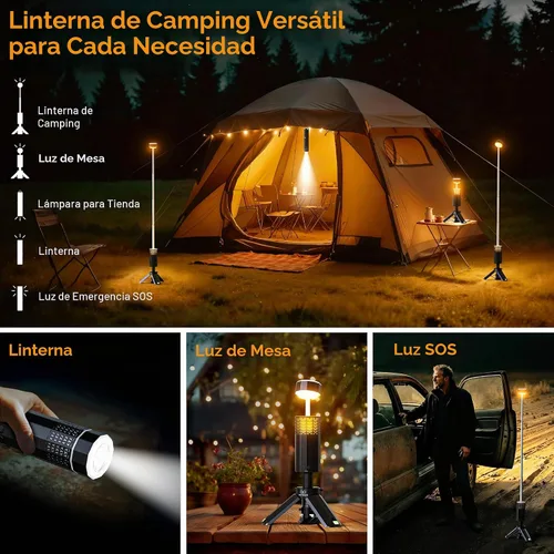 Vista 3 de Linterna de camping recargable de 21000mAh, luces de camping telescópicas, linterna de camping magnética plegable con soporte IPX6 impermeable, Negro