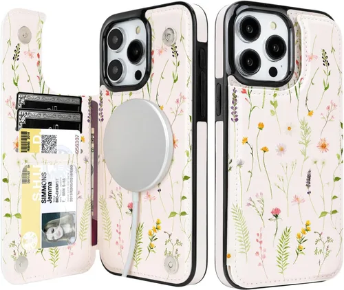 Vista 54 de uCOLOR - Funda tipo cartera para iPhone 15 con tarjetero y diseño de lunares con leche de almendra Bloqueo RFID de piel sintética para mujeres