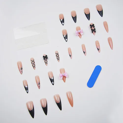 Vista 2 de RIICFDD - Uñas largas a presión con forma de almendra, punta de uñas con lazo grande, color rosa nude, con dijes de lazo negro, uñas postizas