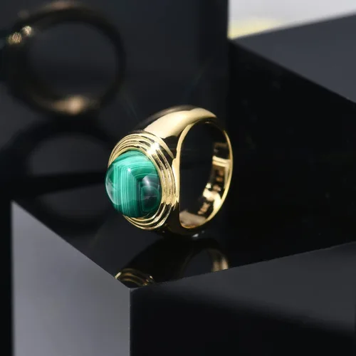 Vista 5 de JINEAR 14K Gold Plated Round Malachite Band Ring for Women and Men Green Gemstone Stackable Bulky Thumb Statement Ring
