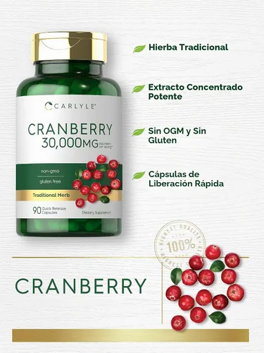 Vista 3 de Suplemento de arándano Carlyle 90 cápsulas Fórmula sin OMG y sin gluten Pastillas de arándano a partir de extracto concentrado