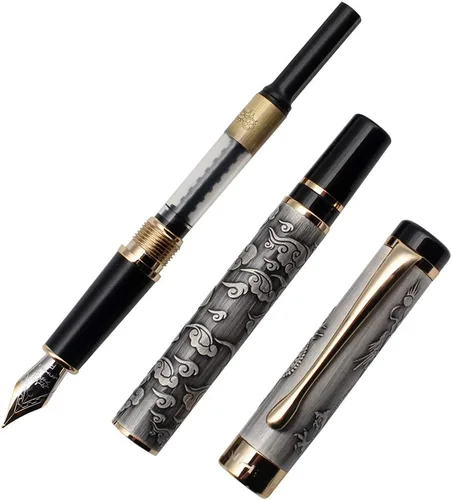 Vista 5 de Ancient Silver Jinhao Dragon - Juego de plumas estilográficas ejecutivas de punta fina, colección de bolígrafos vintage, bolígrafo de negocios