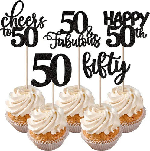 Vista 33 de Rsstarxi Paquete de 30 adornos para cupcakes de 6º cumpleaños con purpurina negra de seis Hello 6 para cupcakes Cheers to 6 años de edad