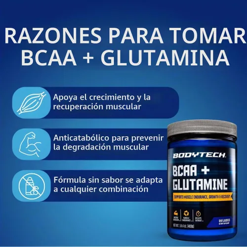Vista 4 de BodyTech BCAA + Glutamina en polvo, sin sabor, 14.4 onzas, 59 porciones