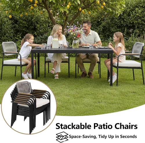Vista 5 de Juego de 2 sillas de comedor para exteriores, sillas de comedor de mimbre para patio con cojines extraíbles, silla de mesa rectangular para patio