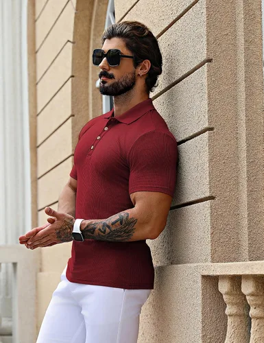 Vista 3 de URRU Men's Muscle T Shirts Stretch Short Sleeve Workout Tee Casual Slim Fit Polo Shirt