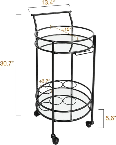 Vista 2 de Carrito redondo negro con 2 estantes de espejo, estante para vino y ruedas con cerradura, adecuado para cocina del hogar, club, sala de estar