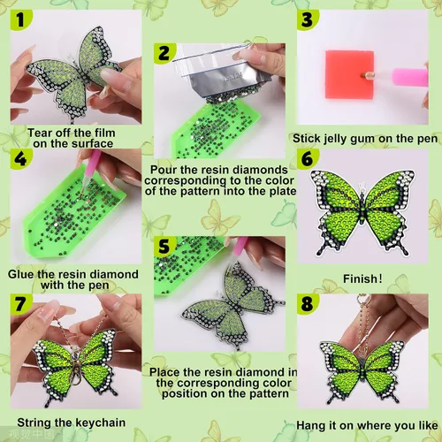 Vista 3 de Juego de 10 llaveros de pintura de diamante de mariposa de doble cara, llaveros artísticos de diamantes 5D para colgar adornos de diamantes