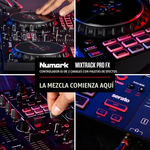 Vista 7 de Numark Mixtrack Pro FX Controlador Serato DJ con 2 cubiertas, mezclador, palas de efectos e interfaz de audio Mezclador EQ DJ de 2 cubiertas, 3