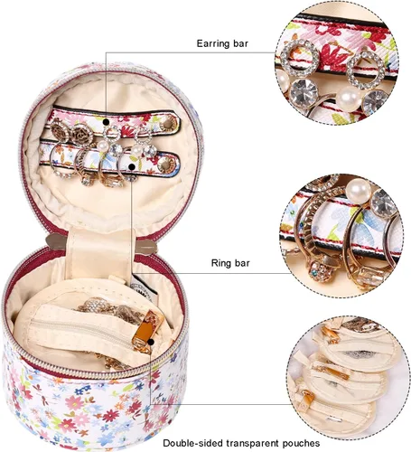 Vista 4 de Angelina's Palace Estuche organizador de joyas redondo, bolsa de viaje, regalos de dama de honor, caja de cuero vegano para collar, aretes, pulsera