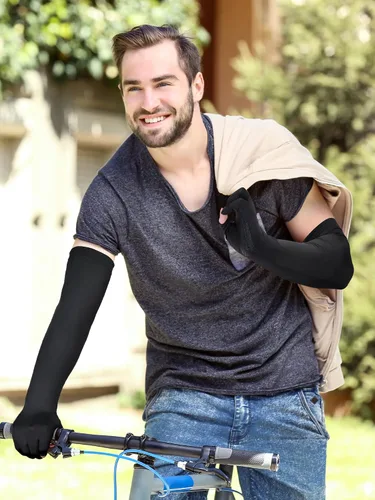 Vista 2 de Bencailor 2 pares de mangas solares para hombres y mujeres con 2 agujeros para los dedos, antideslizantes, manga larga de enfriamiento para brazo