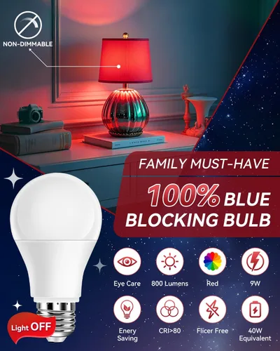 Vista 2 de Bombillas LED Neporal de 3 W 625 nm de color rojo para dormir, 100% de bloqueo de luz azul, luz nocturna roja para promover la melatonina, bombilla
