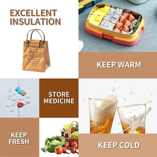 Vista 5 de Lonchera reutilizable para mujeres y hombres, fácil de limpiar, aislada, resistente al agua, forro térmico y telas duraderas, diseño simple, marrón