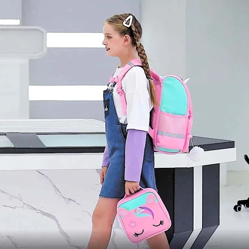 Vista 2 de KLFVB Mochila de 3 piezas para niñas y niños, bolsa de libros de dinosaurio de unicornio de 15 pulgadas con lonchera, bolsa escolar preescolar