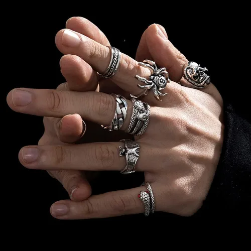 Vista 6 de KISS WIFE Vintage Silver Goth Punk Rings Set for Men Women Girls Cool Gothic Ring Pack Chunky Stackable Knuckle Finger Rings Bulk Adjustable Open