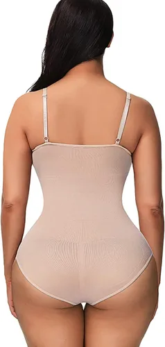 Vista 5 de Tanga moldeadora para mujer con control de abdomen con brasier integrado cuello en V profundo color beige