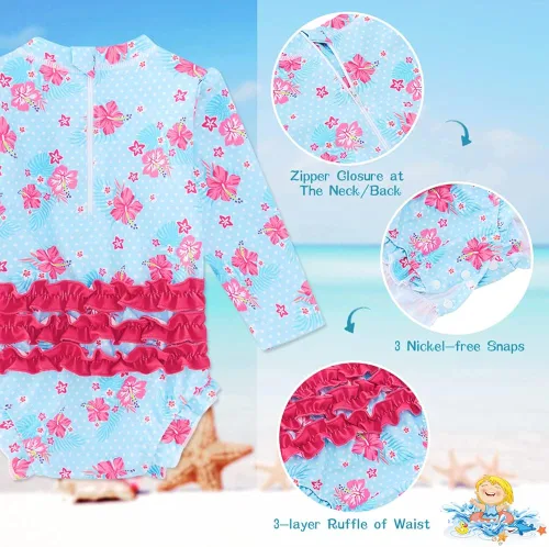 Vista 2 de uideazone Traje de baño de manga larga de una pieza para bebéniñas pequeñas, protección solar UPF 50+, 0-24 meses