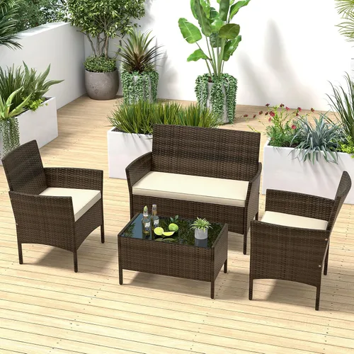 Vista 2 de RELAX4LIFE Juego de muebles de patio de 4 piezas – Juego de muebles de ratán para conversación al aire libre con cojines, mesa de centro de cristal